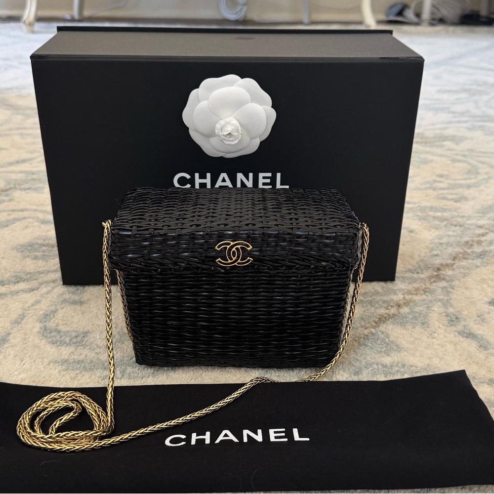 Rare! CHANEL Black Wicker Basket Bag with Gold Chain